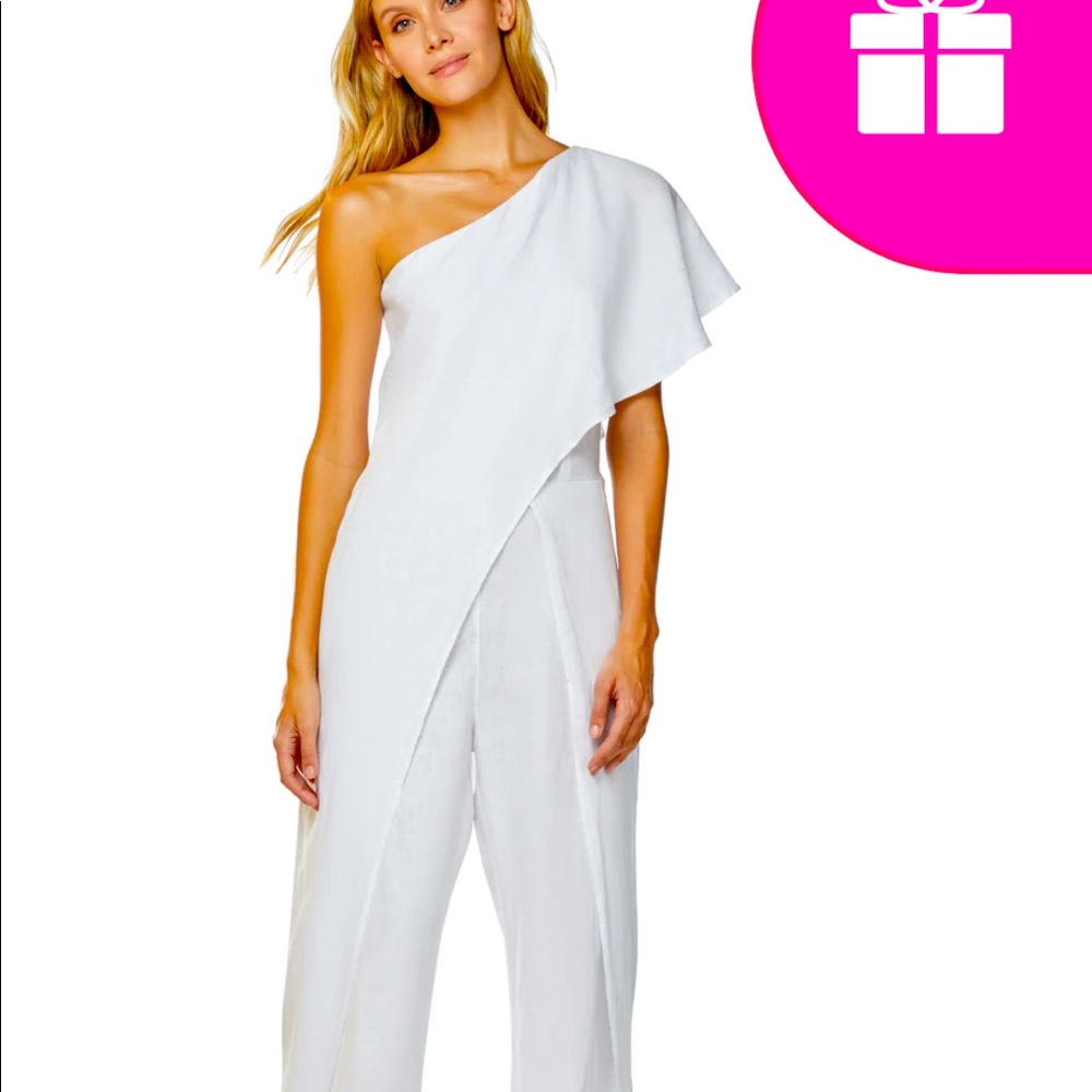 Ondademar white One shoulder jumpsuit. pure linen, wide bottom.